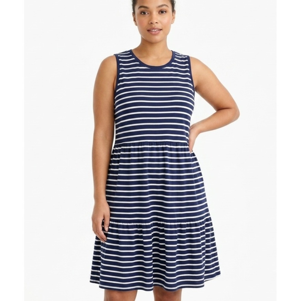 J. Crew Tiered T-Shirt Dress Womens Large Navy Blue White Striped Cotton Mini‎